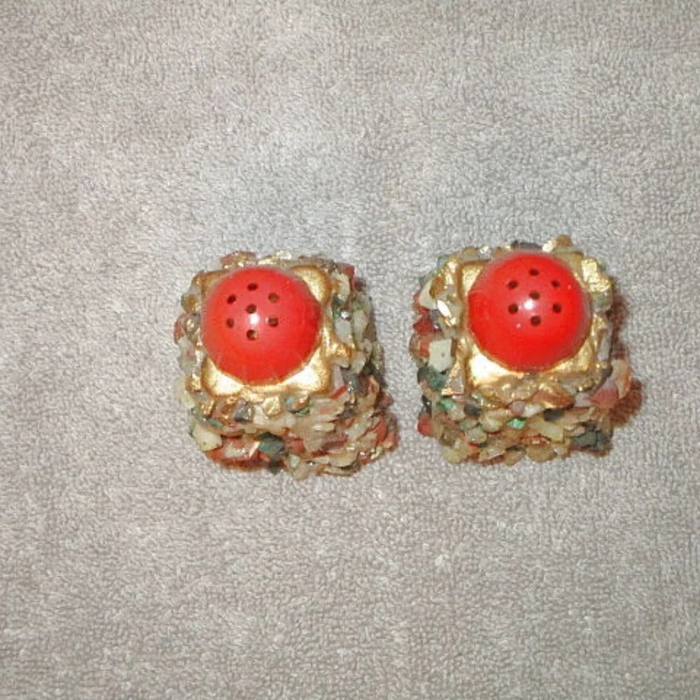 Vtg Gemstone Crystals Salt & Pepper Shakers Set Of 2 Minerals Gold Gilt Marked
